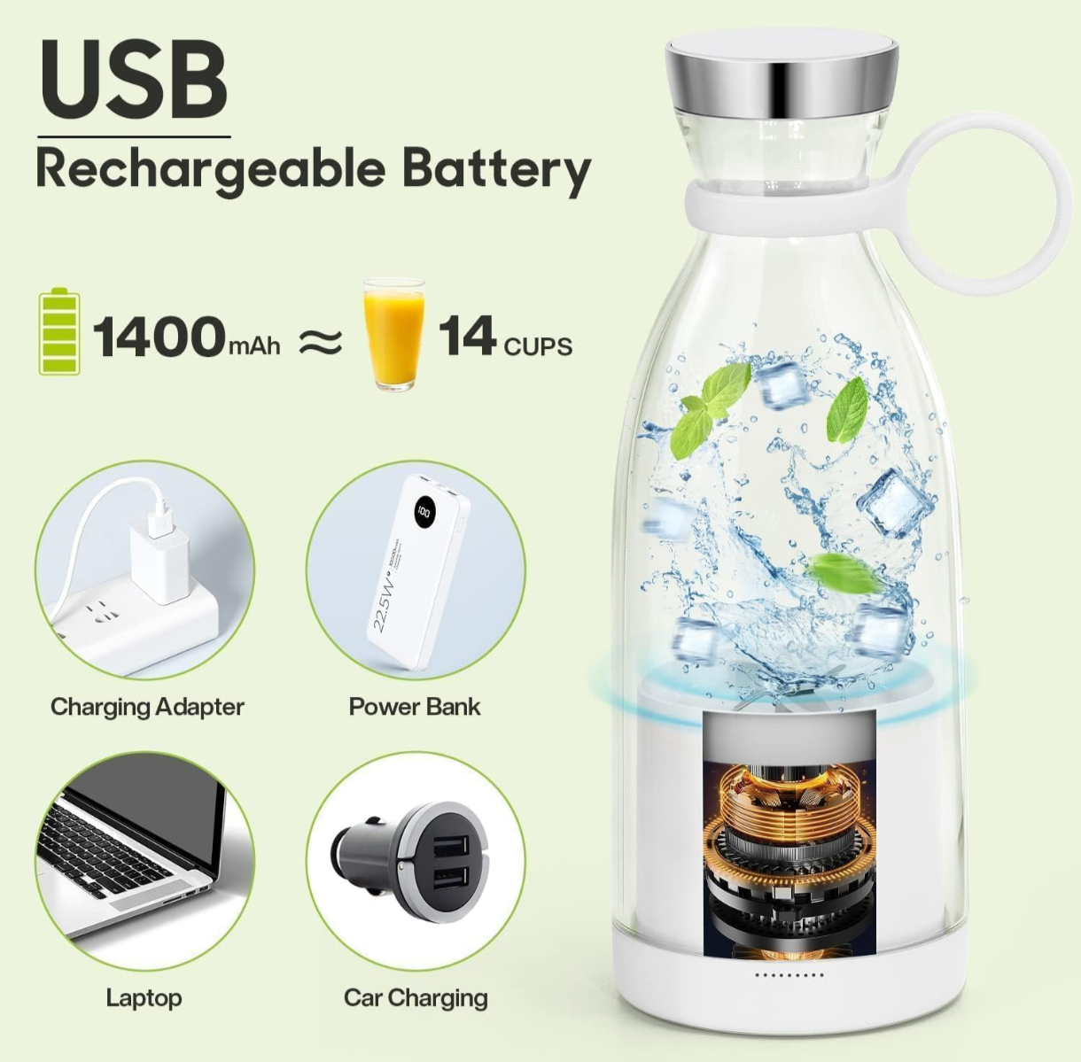 Travel Portable Mini USB Rechargeable Juicer Blender | Personal Smoothie & Shake Maker for Outdoor & Home